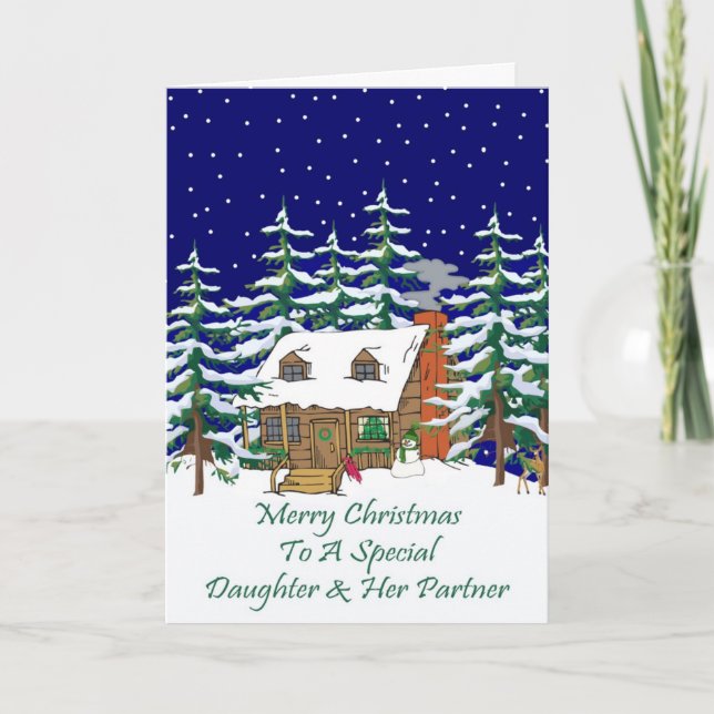 Log Cabin Christmas Daughter & Partner Holiday Card (Front)