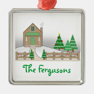 Log Cabin & Christmas Lights Snow Scene Metal Tree Decoration