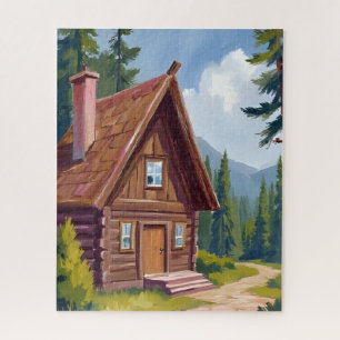 Log Cabin Cottage Mountain Landscape Jigsaw Puzzle