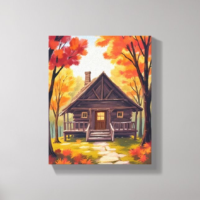 Log Cabin | Fall Foliage Forest Watercolor Canvas Print (Front)