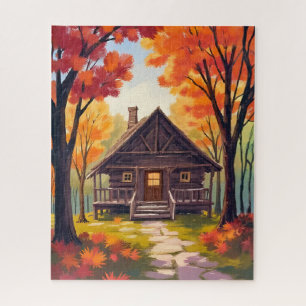 Log Cabin   Fall Foliage Forest Watercolor Jigsaw Puzzle