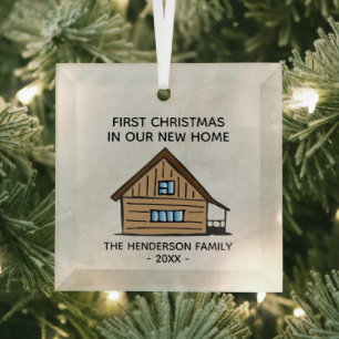 Log Cabin First Christmas In Our New Home Glass Tree Decoration