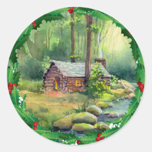 LOG CABIN HOLLY CHRISTMAS by SHARON SHARPE Classic Round Sticker