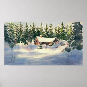 LOG CABIN in SNOW by SHARON SHARPE Poster