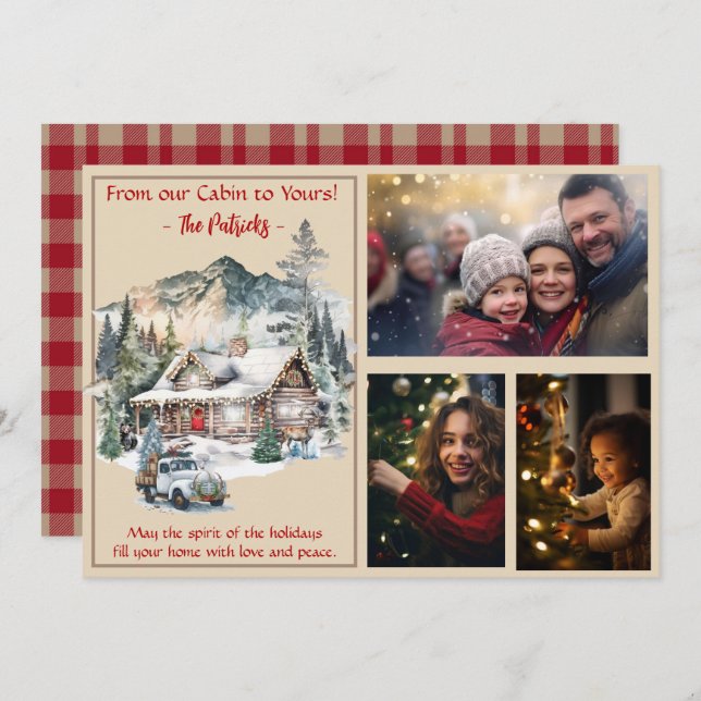 Log Cabin in the Mountains Christmas 3 Photo  Holiday Card (Front/Back)