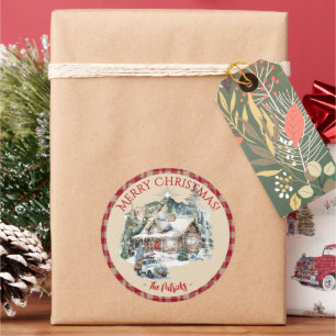 Log Cabin in the Mountains Christmas Round Label