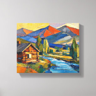 Log Cabin In The Woods Abstract art painting Canvas Print