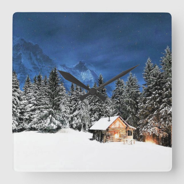 Log Cabin Mountain View Square Wall Clock (Front)