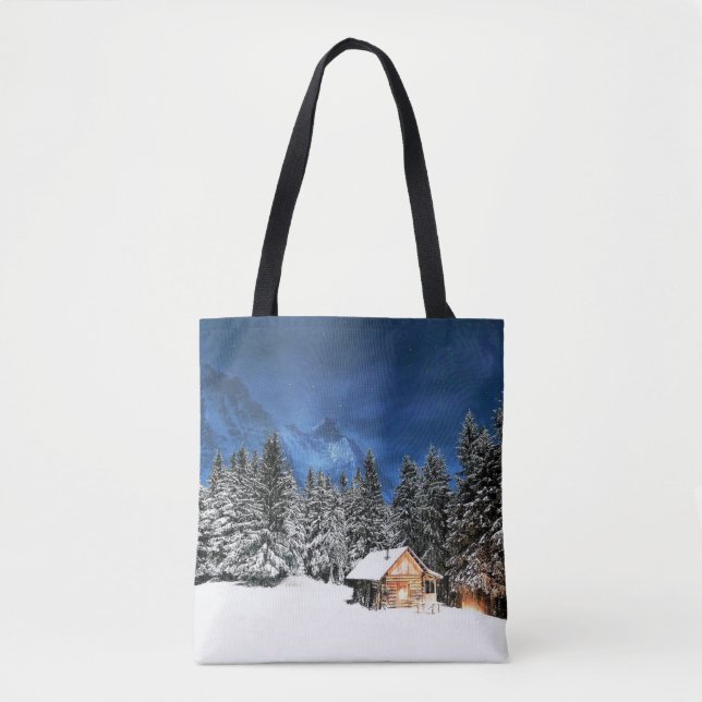 Log Cabin Mountain View Tote Bag (Front)