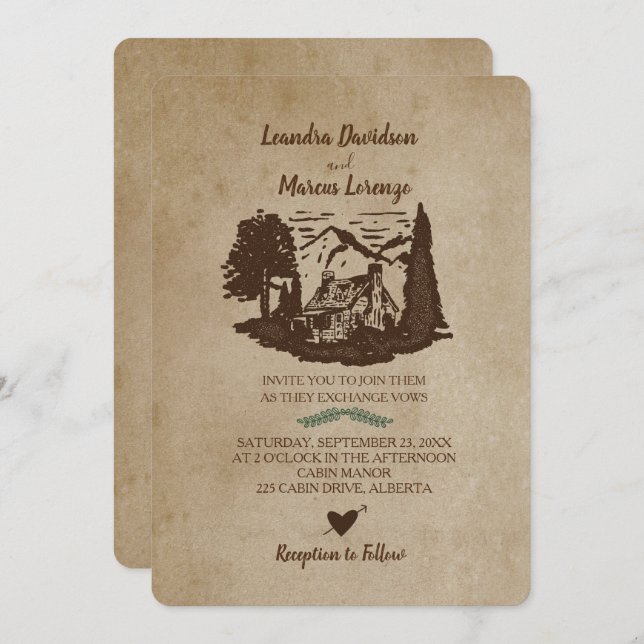 Log Cabin Mountains Rustic Wedding Invitation (Front/Back)