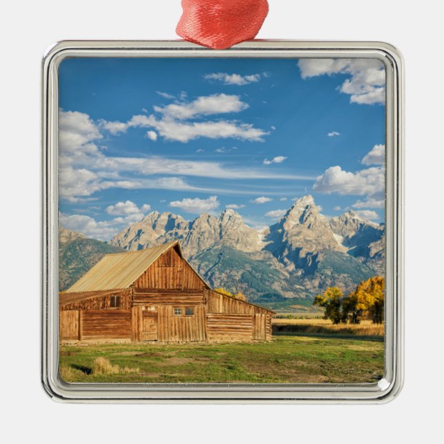 Log Cabin Near Mountain Range Metal Tree Decoration (Front)