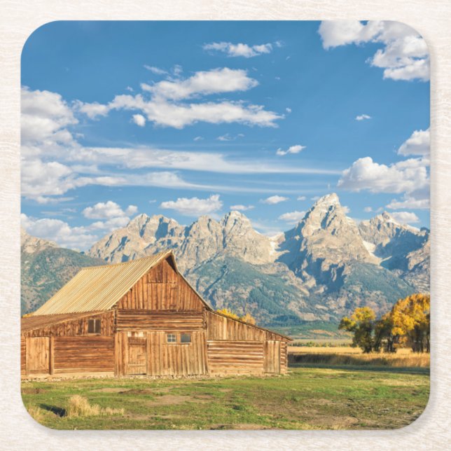 Log Cabin Near Mountain Range Square Paper Coaster (Front)