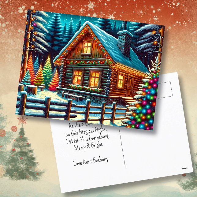Log Cabin on Christmas Eve Personalised Postcard (Creator Uploaded)