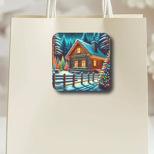Log Cabin on Christmas Eve  Square Sticker (Creator Uploaded)