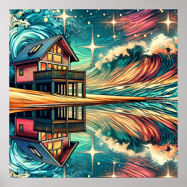 Log Cabin on the Beach Ai Art Poster (Front)