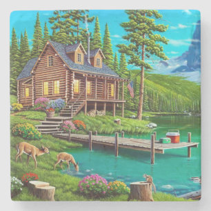 Log Cabin on the Water Fine Art Stone Coaster