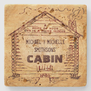 Log Cabin Personalised Faux Wood Stone Coaster