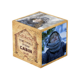 Log Cabin Personalised Name Faux Wood Vintage Cube