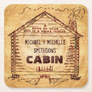 Log Cabin Personalised Name Faux Wood Vintage Square Paper Coaster