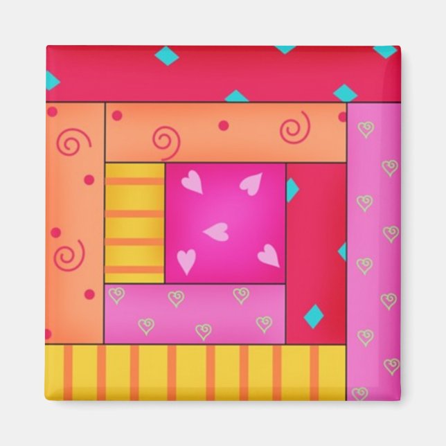 Log Cabin Quilkt Block Art Square Magnet (Front)