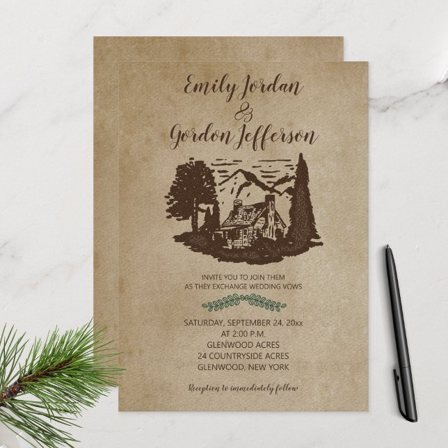 Log Cabin Rustic Outdoor Wedding Lodge Mountain  Invitation (Log Cabin Rustic Wedding Invitation)