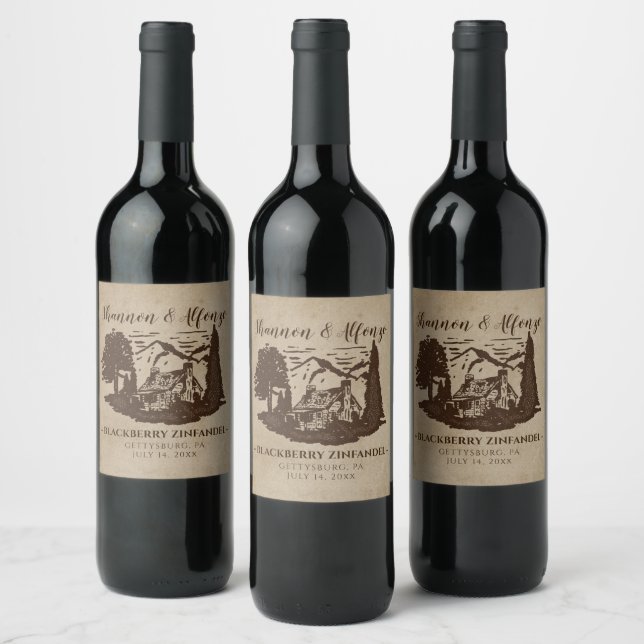 Log Cabin Rustic Wedding Wine Bottle Label (Bottles)