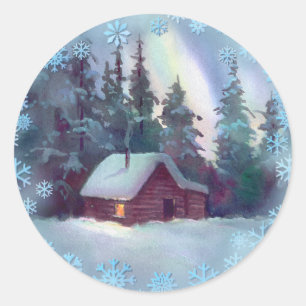 LOG CABIN & SNOWFLAKES by SHARON SHARPE Classic Round Sticker