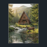 Log Cabin, Stream and Deer, Father's Day Postcard<br><div class="desc">A postcard to say hi to friends and family with a wilderness nature theme. The illustration is an a-frame log cabin out in the mountains and woods with a deer next to a rippling stream.</div>