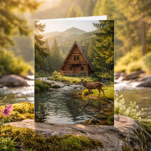 Log Cabin, Stream and Deer, Happy Birthday Card