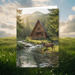 Log Cabin, Stream and Deer, Happy Birthday Dad Card