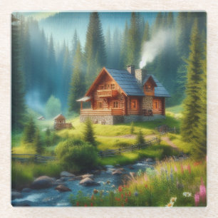 Log Cabin, Stream and Flowers in the Woods Glass Coaster
