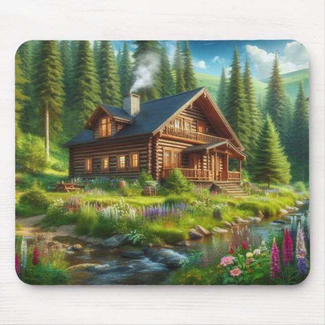 Log Cabin, Stream and Flowers in the Woods Mouse Pad (Front)