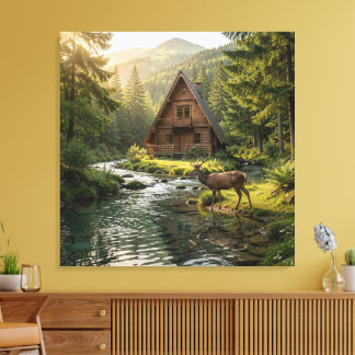 Log Cabin, Stream, Mountains and Deer Nature Art Canvas Print