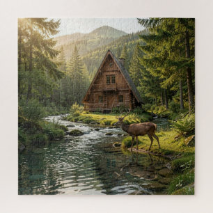 Log Cabin, Stream, Mountains and Deer Nature Art Jigsaw Puzzle