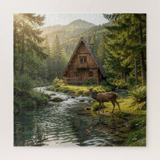 Log Cabin, Stream, Mountains and Deer Nature Art Jigsaw Puzzle