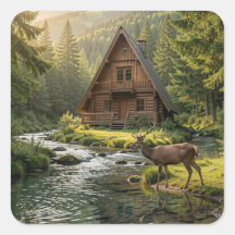 Log Cabin, Stream, Mountains and Deer Nature Art