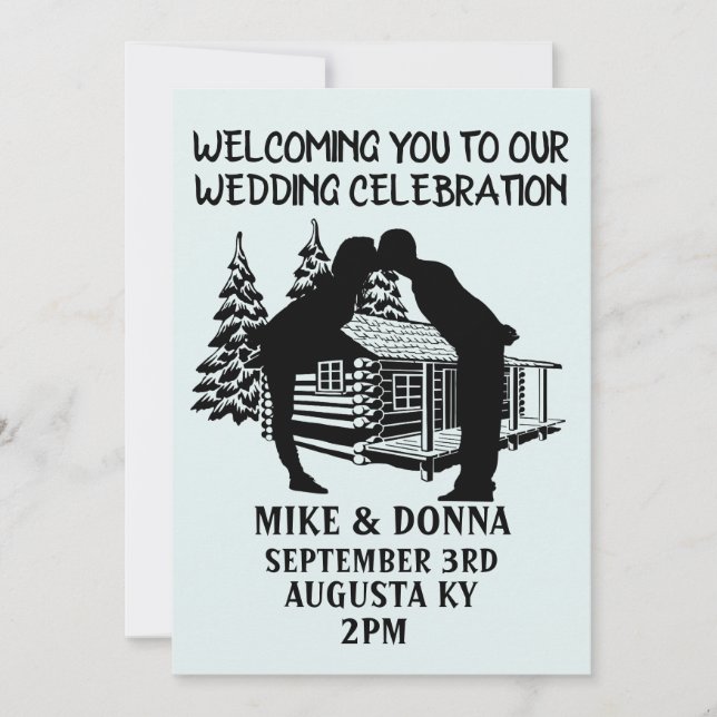 LOG CABIN WEDDING KISSING COUPLE INVITATIONS (Front)