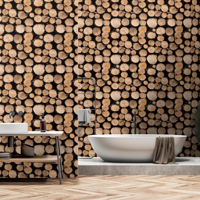 Log stack timber wood cabin seamless pattern wallpaper (Bathroom)