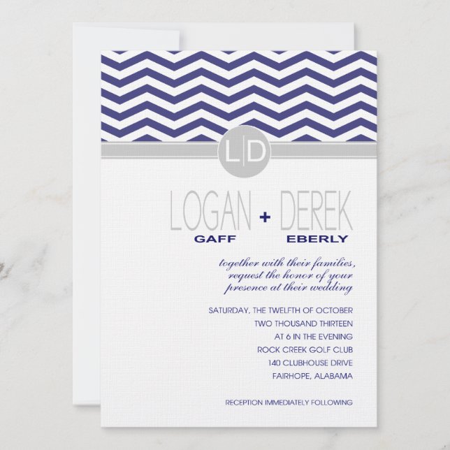 Logan Chevron | navy grey LINEN PAPER Invitation (Front)