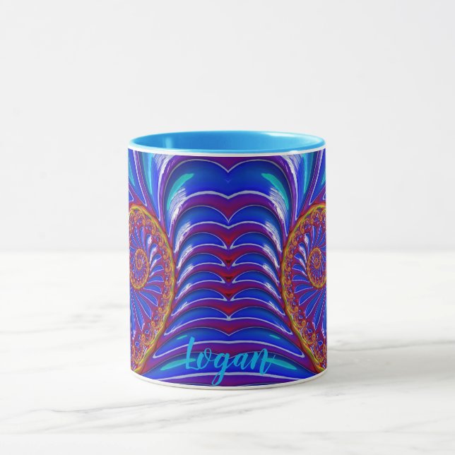 LOGAN ~ GLOSSY 3D Zany Blue Yellow Fractal ~ Mug  (Center)