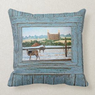 Logan Temple Oil Painting, Blue tone, Cushion
