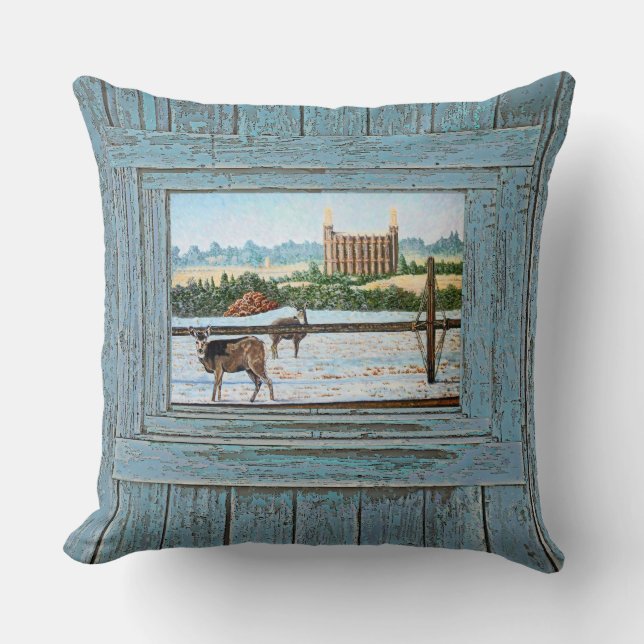 Logan Temple Oil Painting, Blue tone, Cushion (Front)