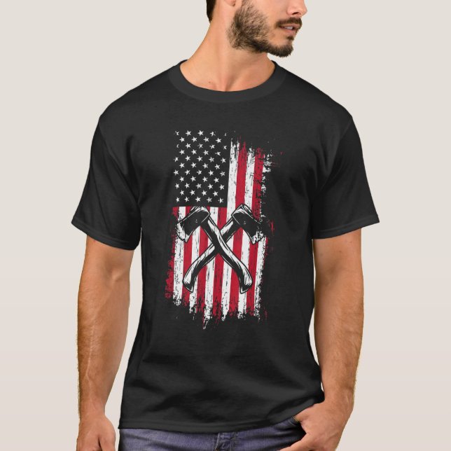 Logger Lumberjack American Flag Axe Throwing Hatch T-Shirt (Front)
