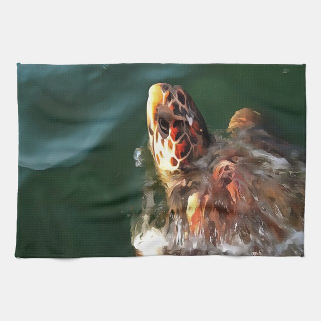 Loggerhead Sea Turtle Artistic Portrait Tea Towel (Horizontal)