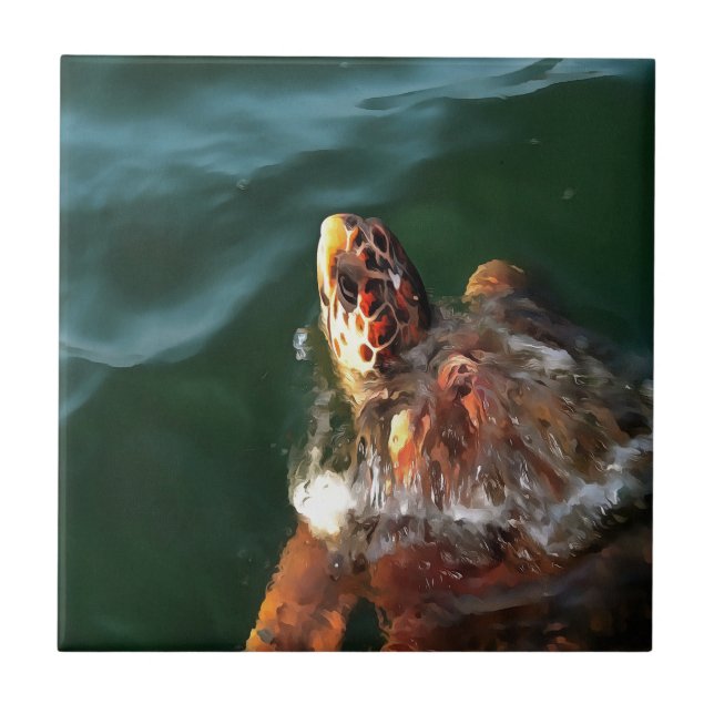 Loggerhead Sea Turtle Artistic Portrait Tile (Front)