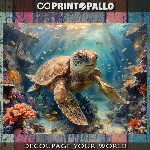 Loggerhead sea turtle diving in reef - Decoupage Wrapping Paper Sheet