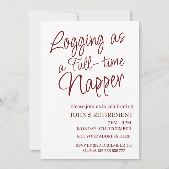 Logging as a Fulltime Napper Custom Fun Retirement Invitation (Front)