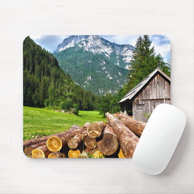 Logging Camp in the Forest with Mountains Mouse Pad (With Mouse)