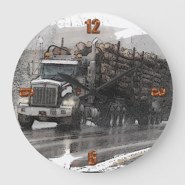 Logging Truck in the Rain Large Clock (Front)
