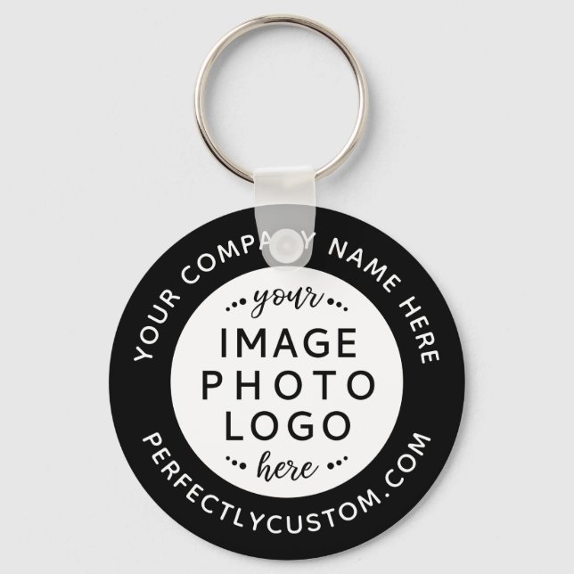 Logo and custom text black white round key ring (Front)